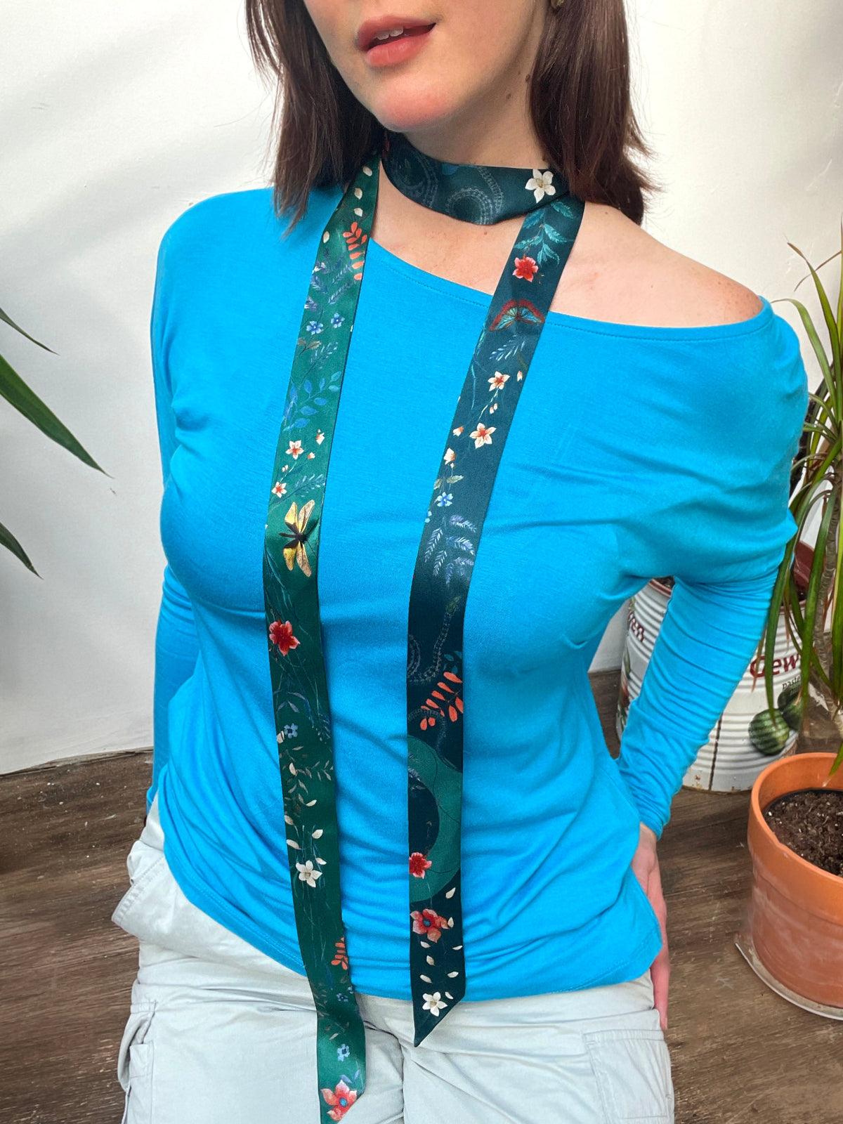 Teal Silk satin 'Morpho' Ultra Skinny silk scarf with butterflies and flowers
