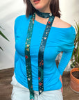 Teal Silk satin 'Morpho' Ultra Skinny silk scarf with butterflies and flowers