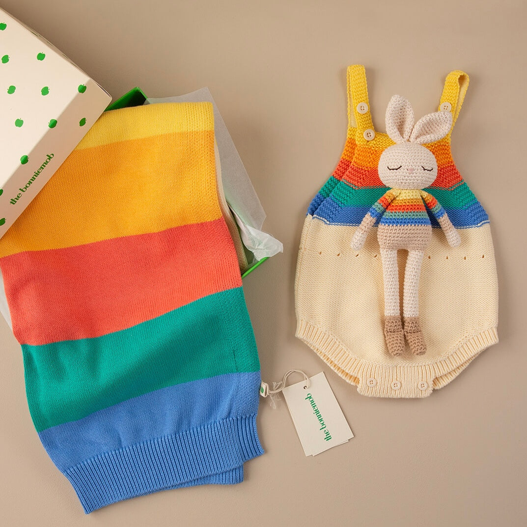 Organic Cotton Rainbow Stripe Bonnie Bunny Crochet Baby Toy