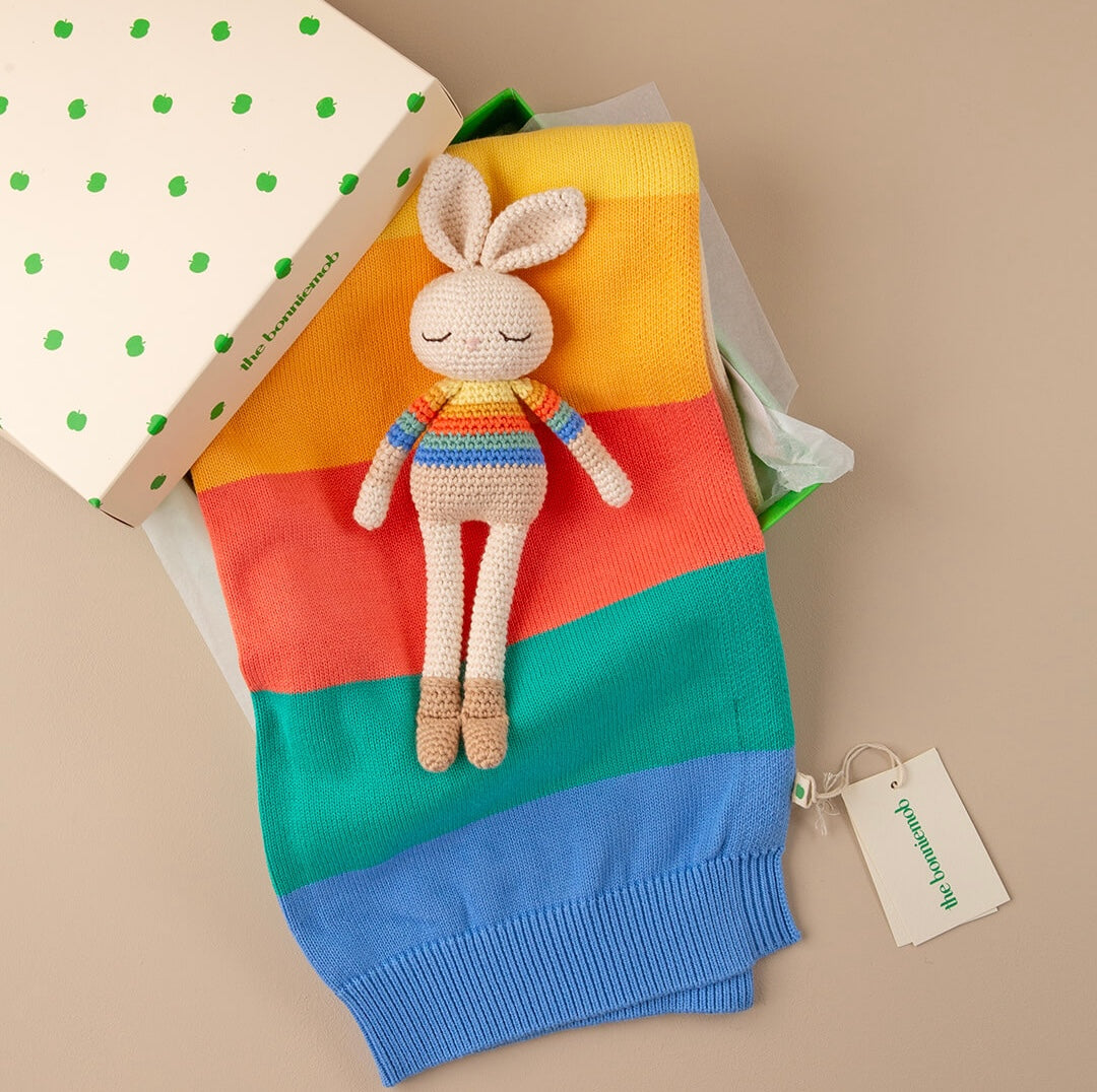 Organic Cotton Rainbow Stripe Bonnie Bunny Crochet Baby Toy
