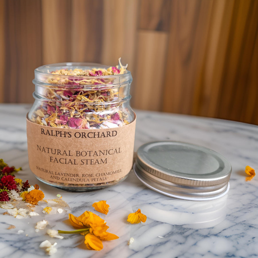 Luxury natural botanical facial steam blend with lavender, rose, chamomile, calendula, premium skincare, vegan, soothing, rejuvenating by Ralph's Orchard at brixbailey.com