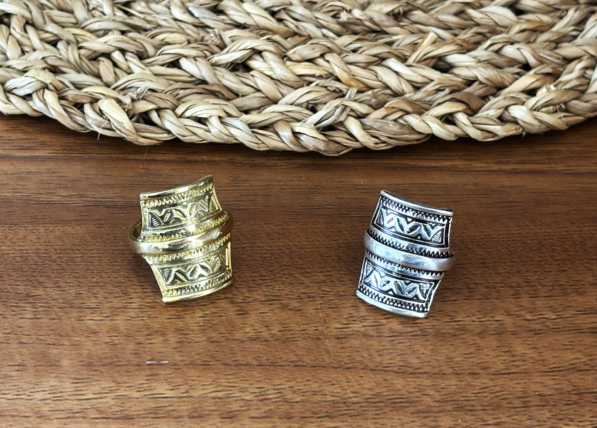 Engraved Brass Shield Ring — Nomad Crest