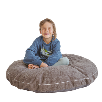The MINICAMP Bouclé Fabric Kids Floor Cushion in Grey - Cozy & Stylish Playtime Essential by Minicamp at brixbailey.com