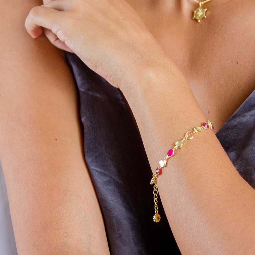 Sara Mixed Gemstone Bracelet: Fuchsia Onyx, Quartzite &amp; Peach Moonstone