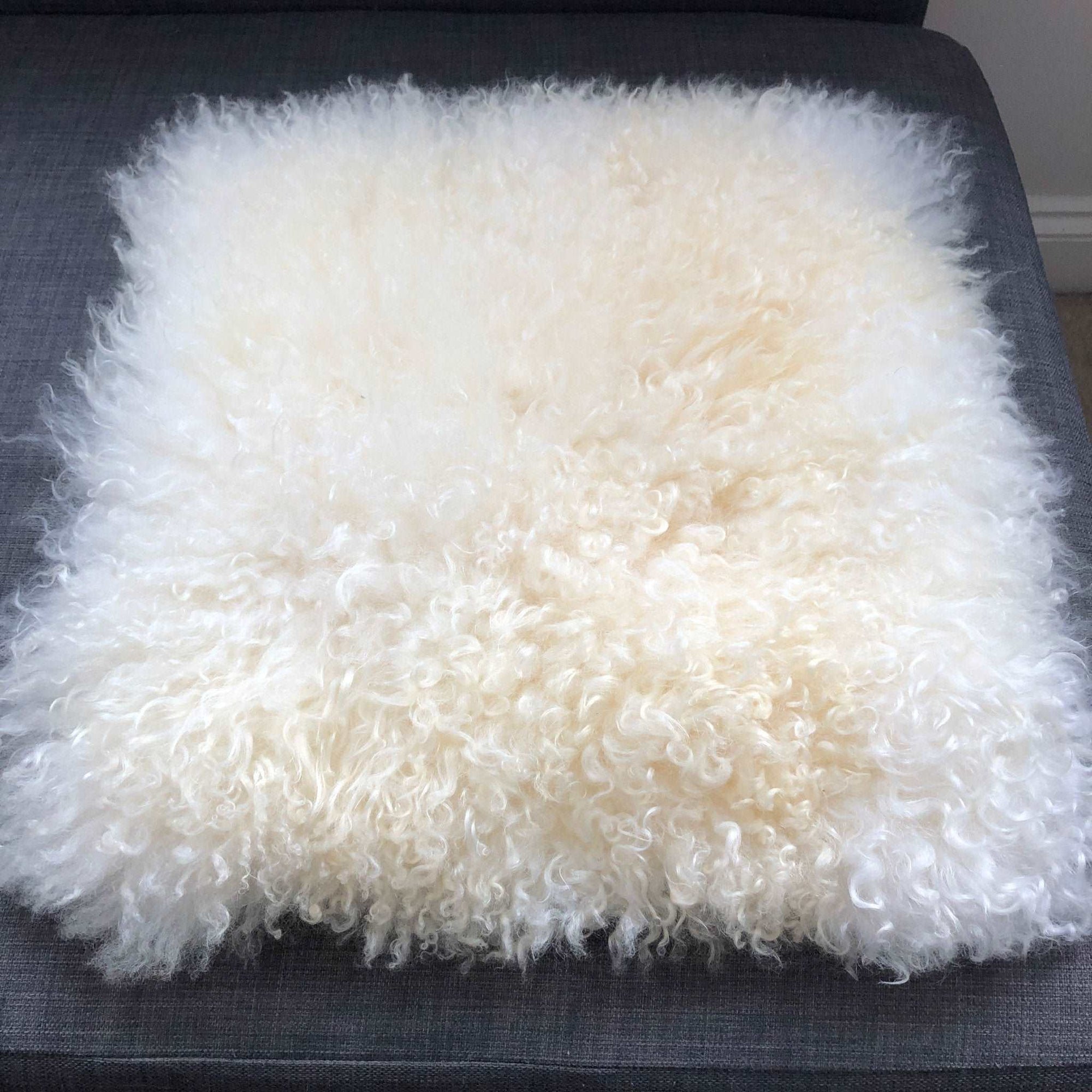 Premium British white curly sheepskin seat pad, luxury natural square cushion, 38cm rustic home decor, hypoallergenic eco-friendly by Wildash London at brixbailey.com
