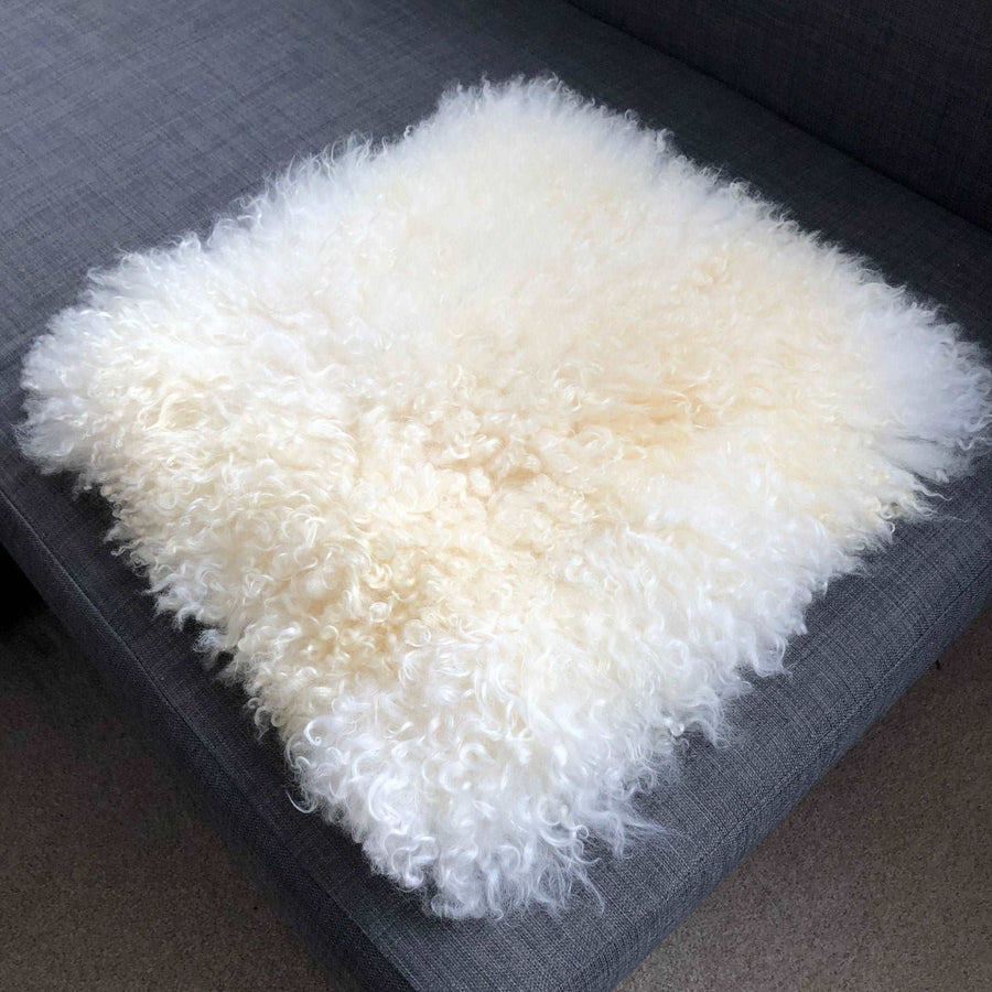 British Curly Sheepskin Seat Cover Ivory Cream White ::: Square 37cm