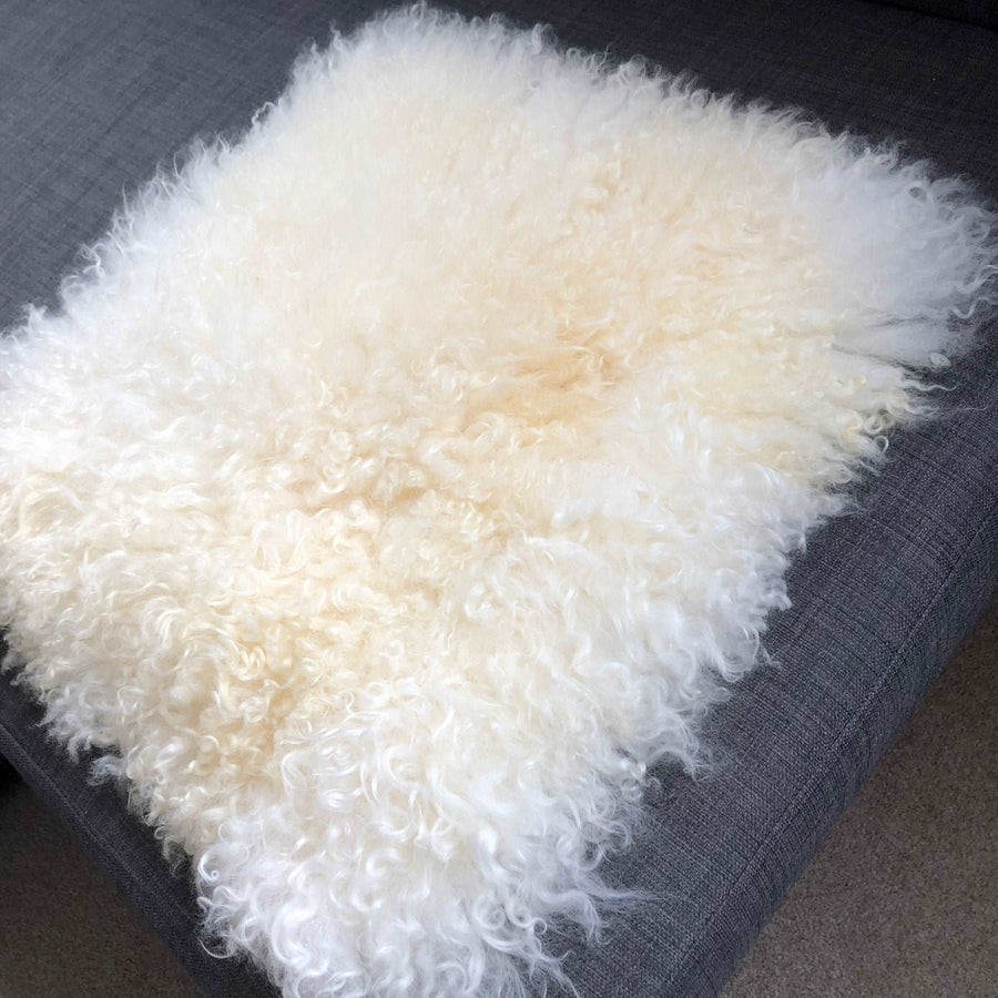 British Curly Sheepskin Seat Cover Ivory Cream White ::: Square 37cm