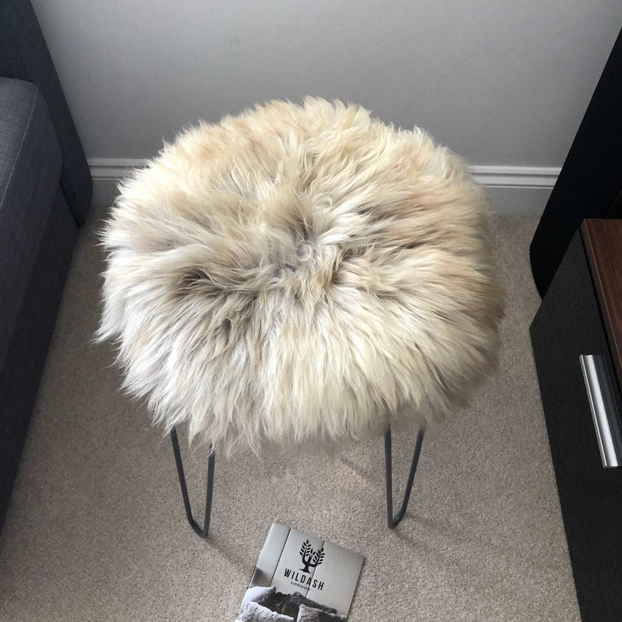 Premium 35cm round sheepskin seat pad, luxury British rare breed natural melange, handcrafted sustainable comfort by Wildash London at brixbailey.com