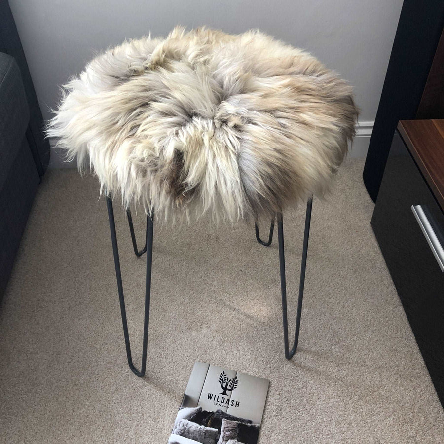 Premium 35cm round sheepskin seat pad, luxury British rare breed natural melange, handcrafted sustainable comfort, stylish home decor by Wildash London at brixbailey.com