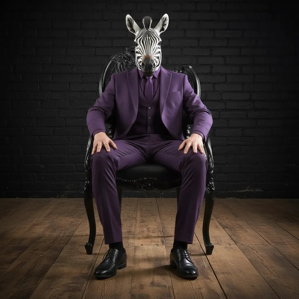 Person seated in a dark ornate chair wearing a purple suit and a zebra mask, set against a black brick wall with wooden flooring, styled for the Brix and Bailey curated home decor feature.