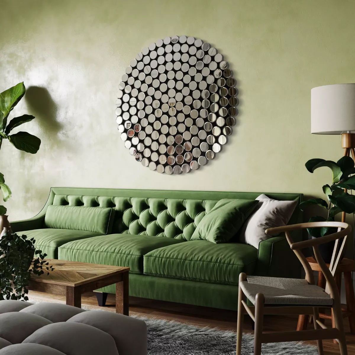 Green tufted sofa in a warm modern living room with a circular concave mirror on the wall, wooden furniture and soft layered textures, styled for the Brix and Bailey curated home collection.