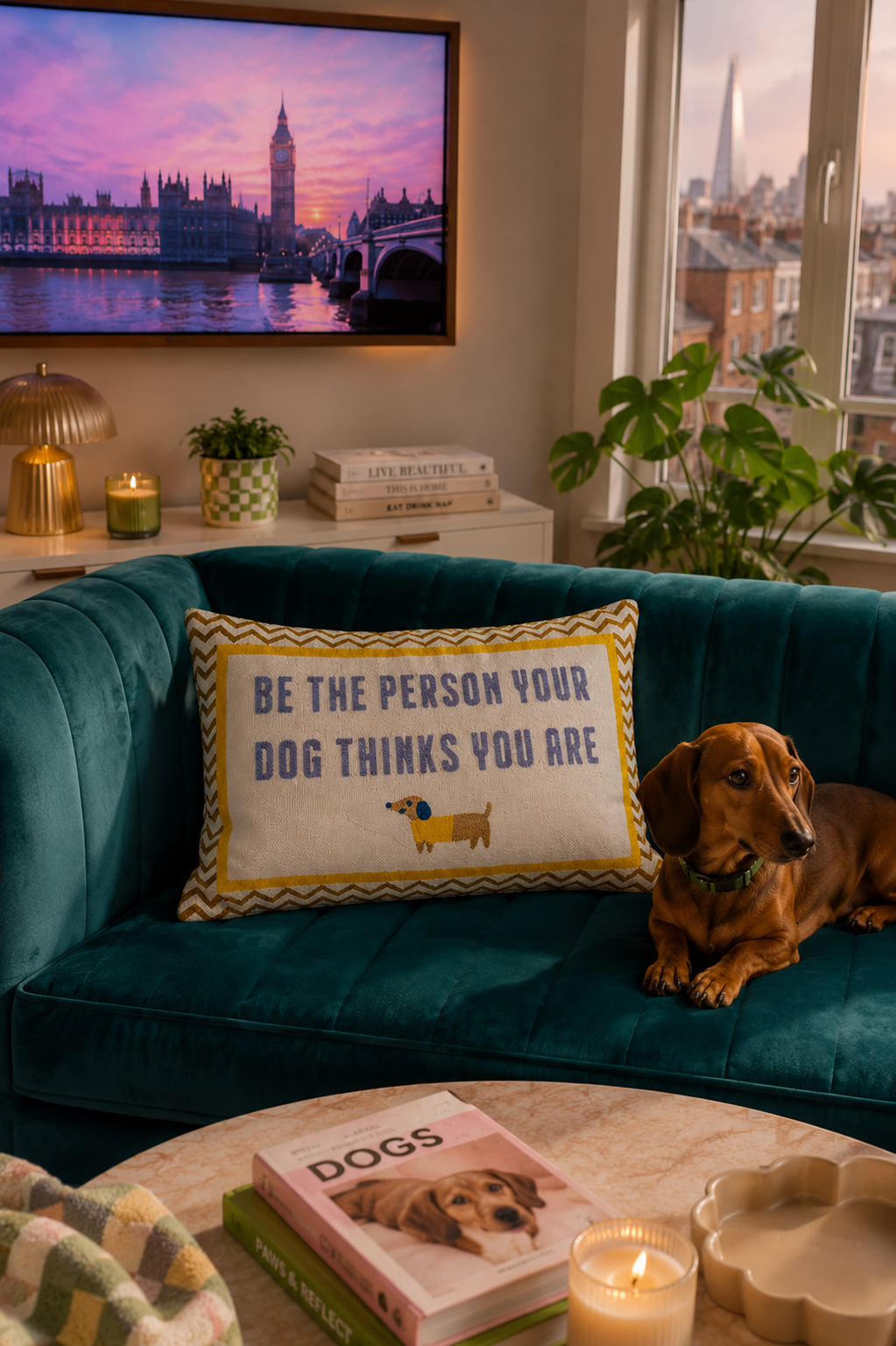 Dachshund on a teal velvet sofa beside a slogan cushion from independent brands at Brix + Bailey
