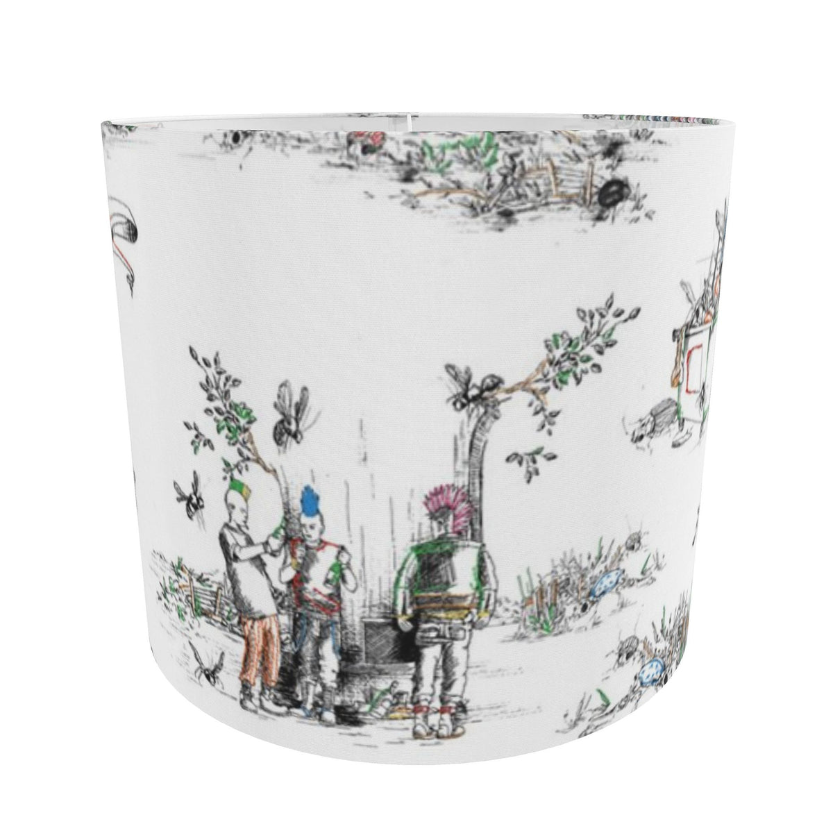 White drum lampshade printed with a toile pattern of punk figures with mohawks among trees, fences and birds