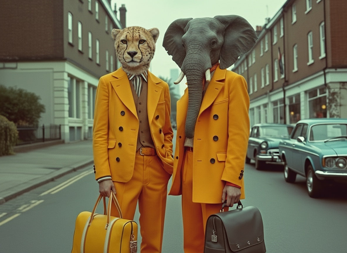 Two figures in matching yellow blazers walking down a London street wearing giraffe and zebra masks carrying Brix + Bailey bags