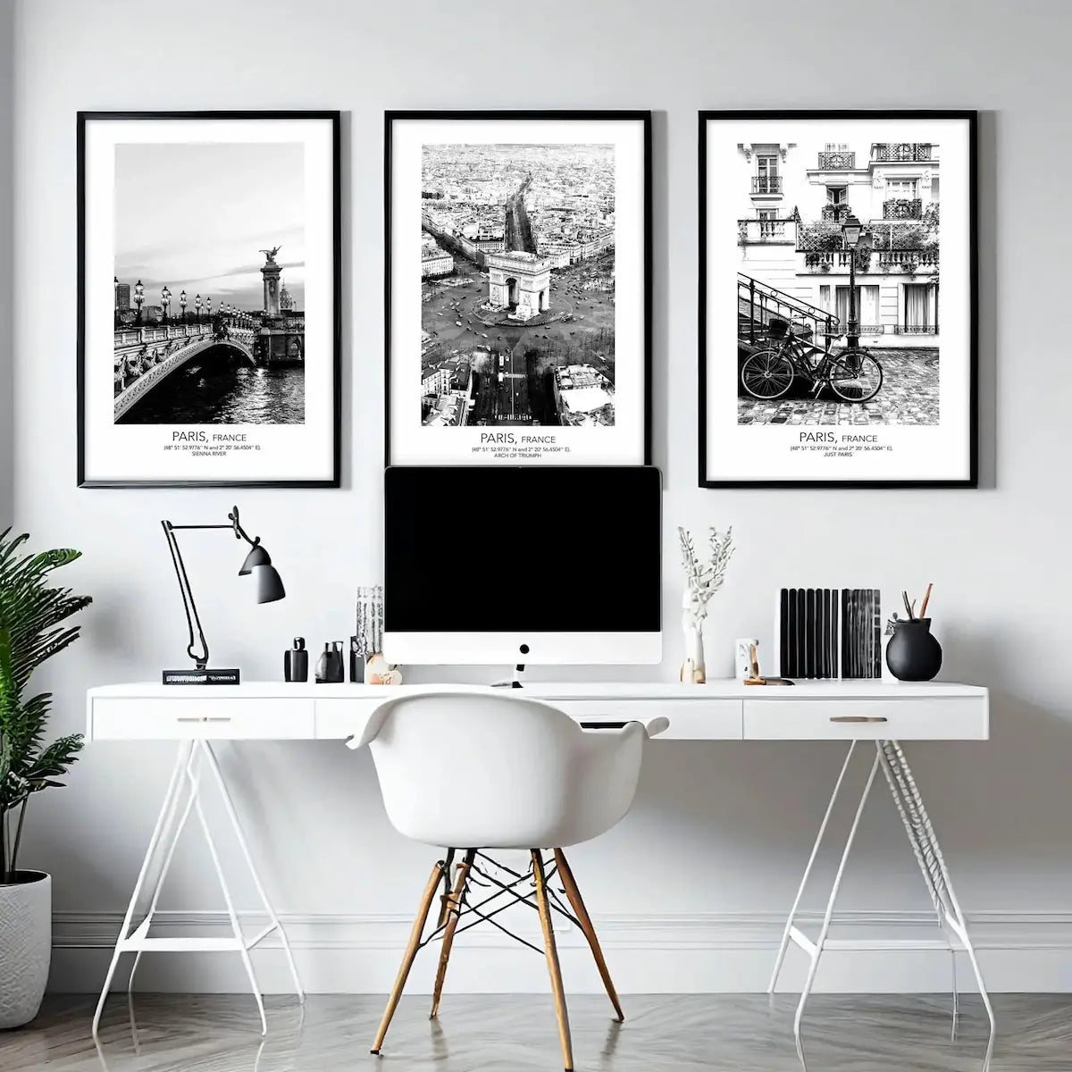 Modern workspace with framed Paris prints and minimalist decor — featured in the Brix + Bailey ‘Shop by Location’ collection