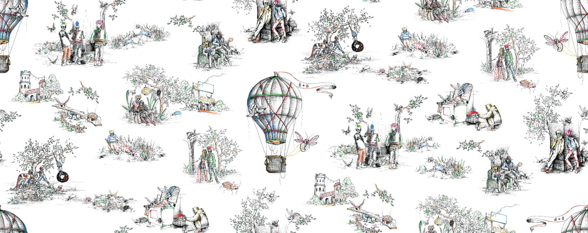 Close detail of the urban toile pattern: a wheelie bin, three large flies and a man in a yellow hood with a spray can