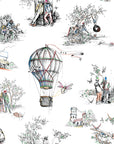 Close detail of the urban toile pattern: a wheelie bin, three large flies and a man in a yellow hood with a spray can