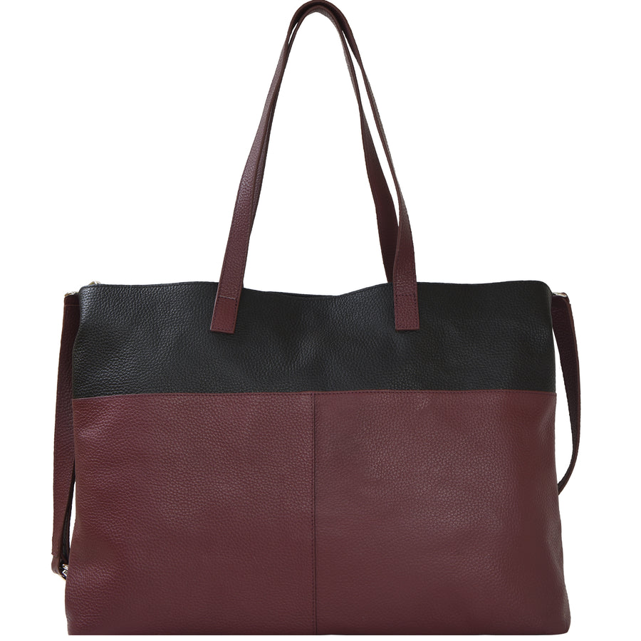 Burgundy Two Tone Horizontal Leather Tote Brix nad 