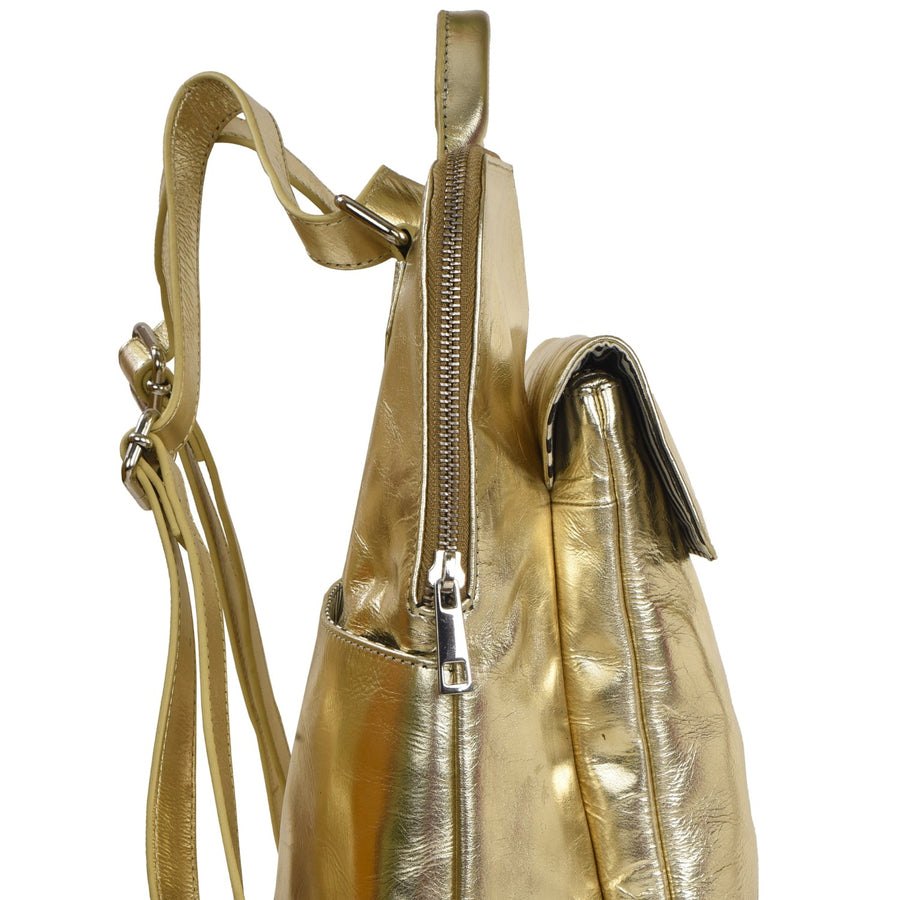 Gold Metallic Leather Flap Pocket Backpack Brix and Bailey Ethical Bag Brand 