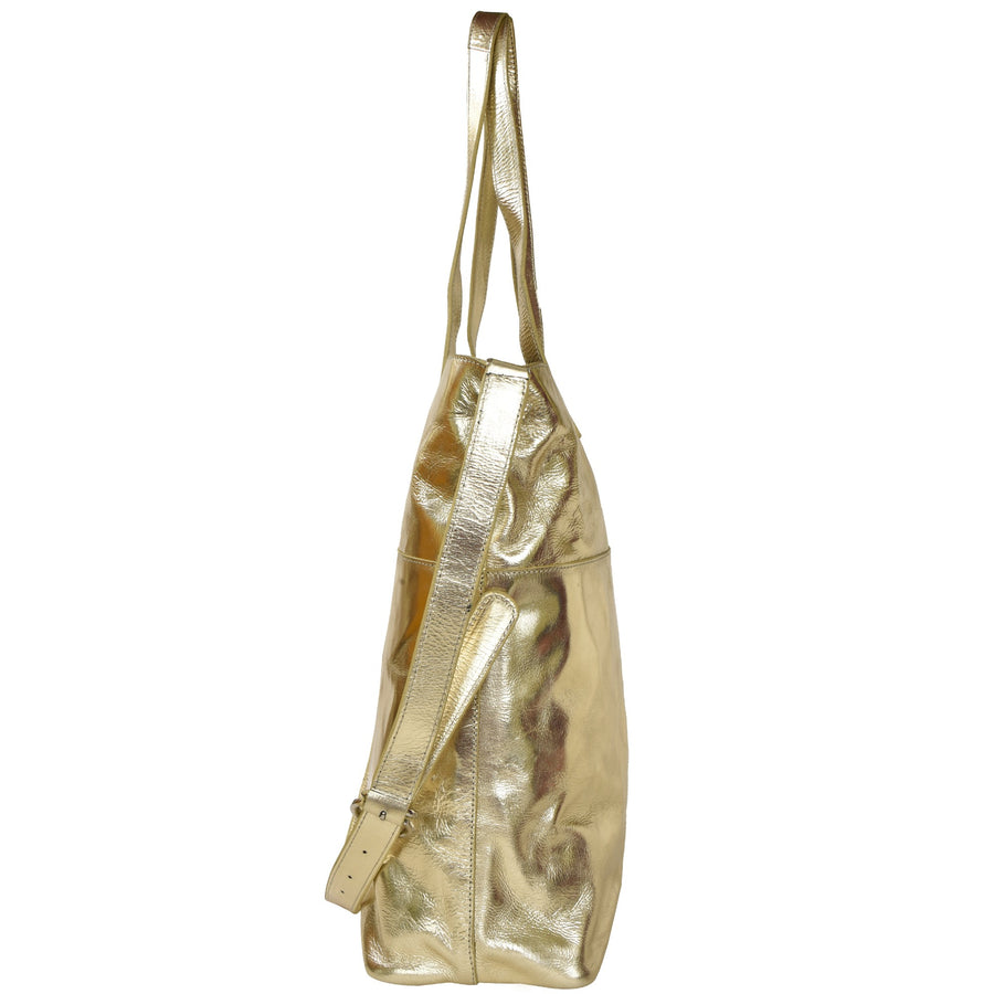 Gold Horizontal Metallic Leather Tote Bag