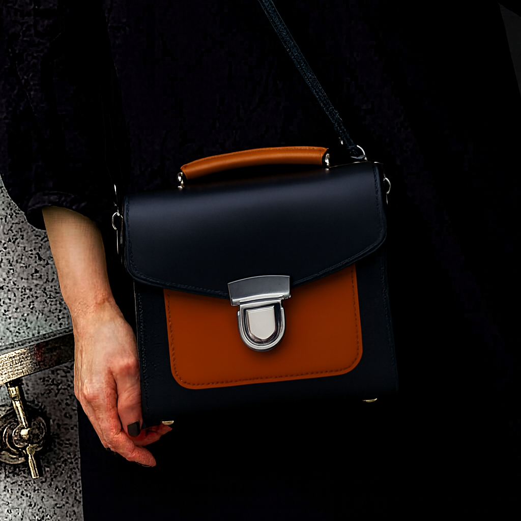 Handmade Leather Two Tone Sugarcube Handbag - Black &amp; Burnt Orange