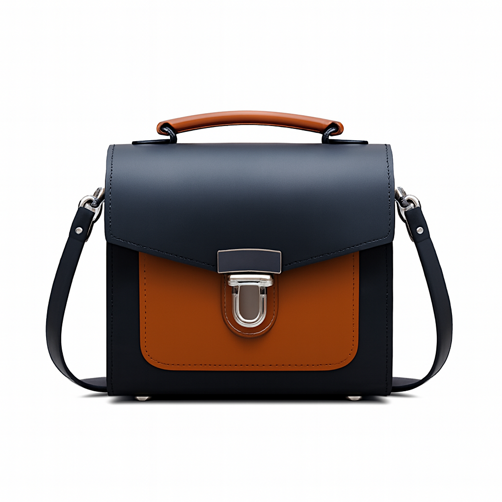Handmade Leather Two Tone Sugarcube Handbag - Black &amp; Burnt Orange