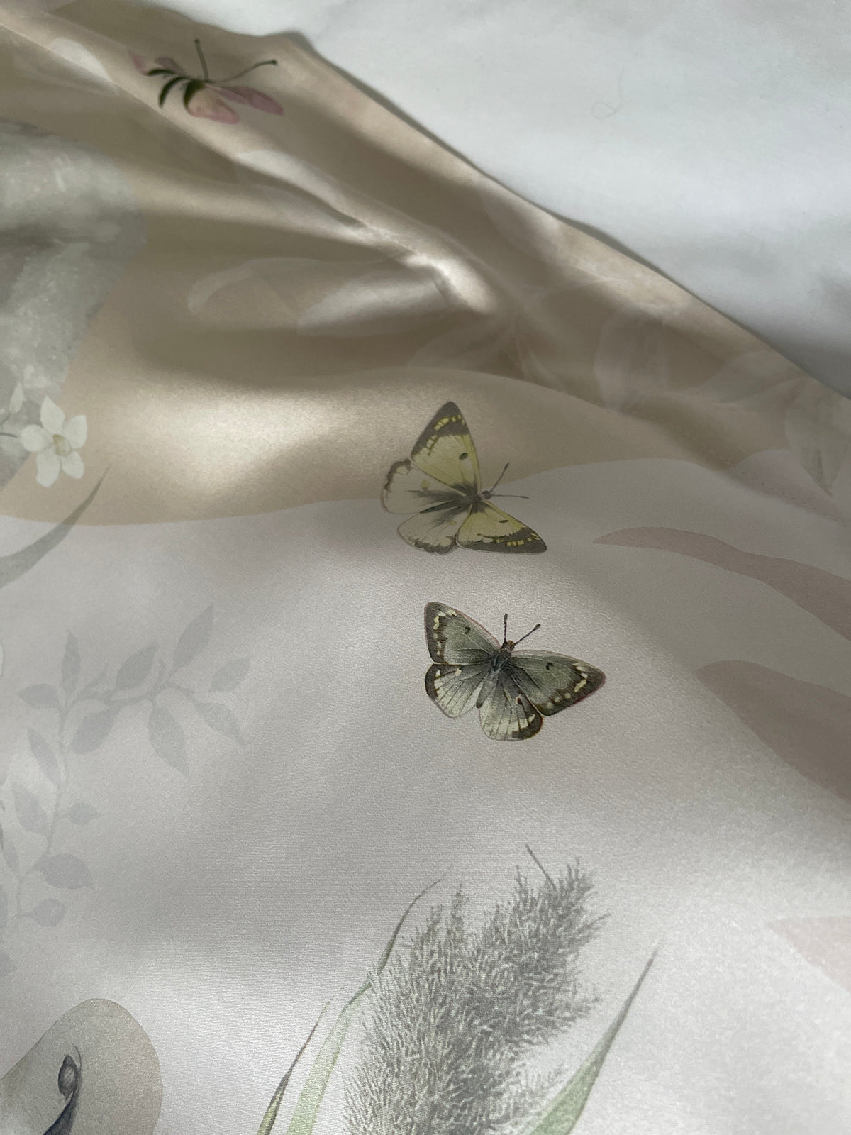 Cream and neutral Silk Pillowcase in hand painted 'Graceful' print, Standard size Oxford style Pillowcase