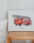Personalised Watercolour Fire Engine Art Print – Kids Wall Art for Nursery or Bedroom, A3/A4 Sizes