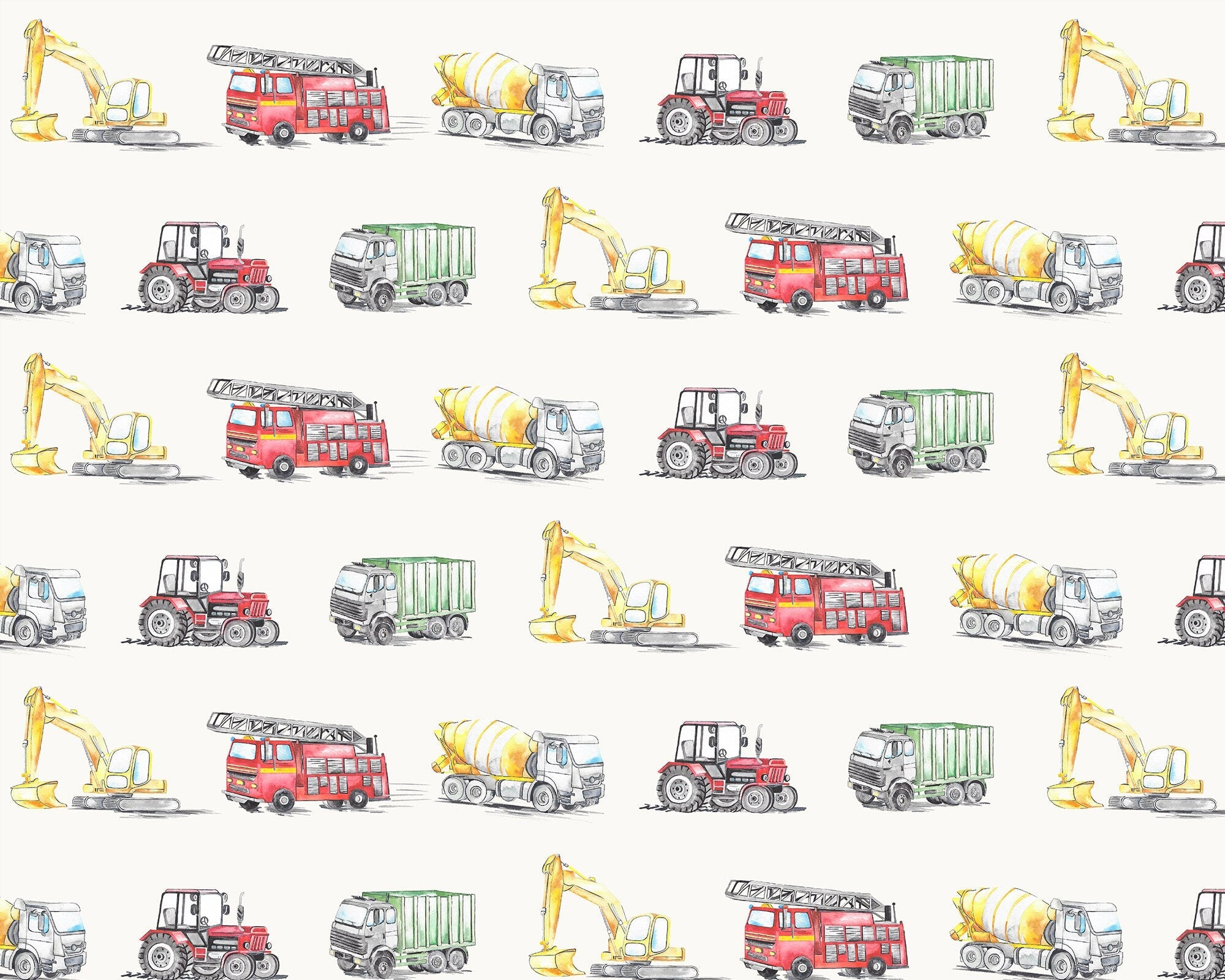 Watercolour Vehicles Wallpaper | Diggers, Fire Engines &amp; Trucks | Kids Bedroom &amp; Nursery