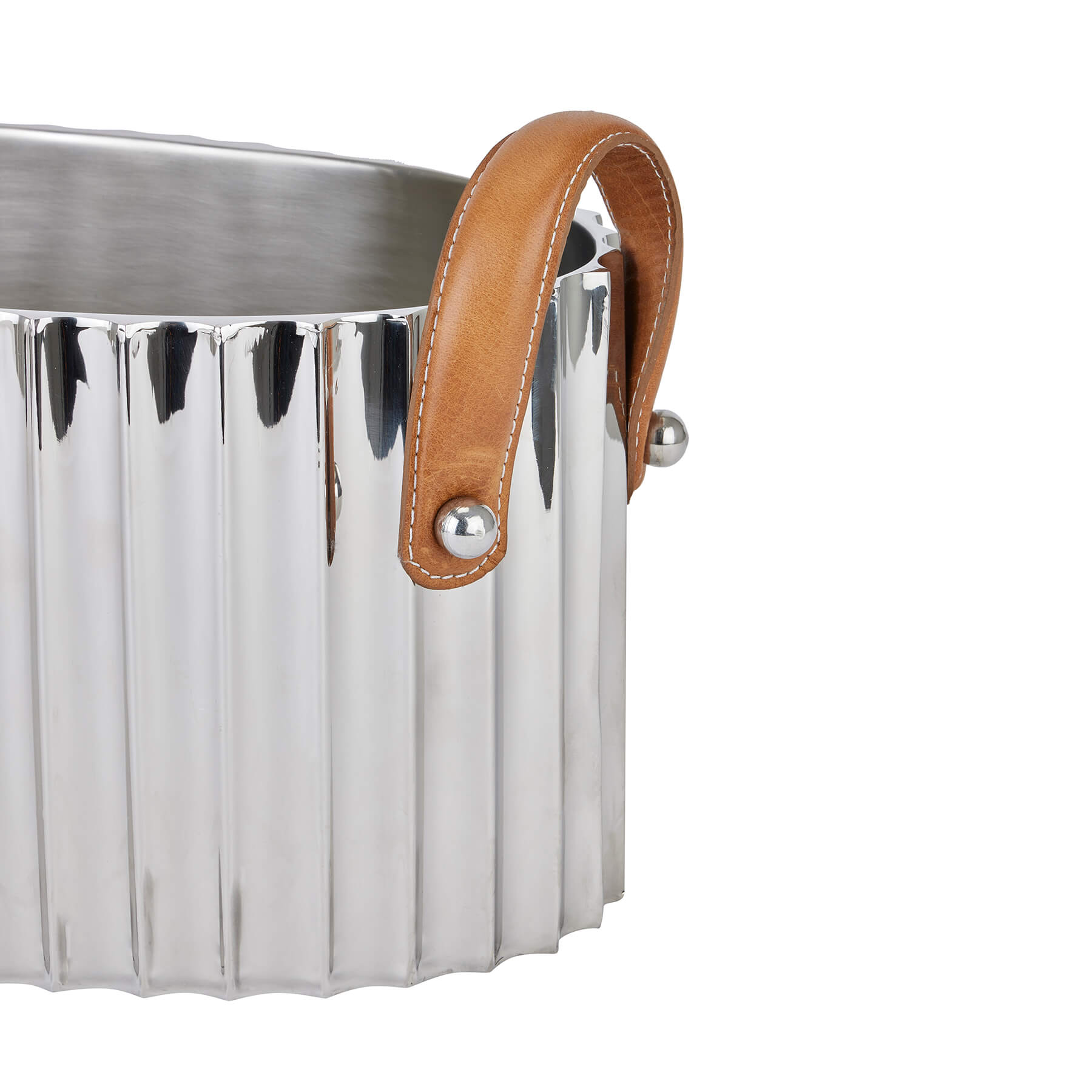 Silver champagne cooler with fluted design, leather handles, and mirror-polished finish for elegant entertaining by RoomLondon at brixbailey.com