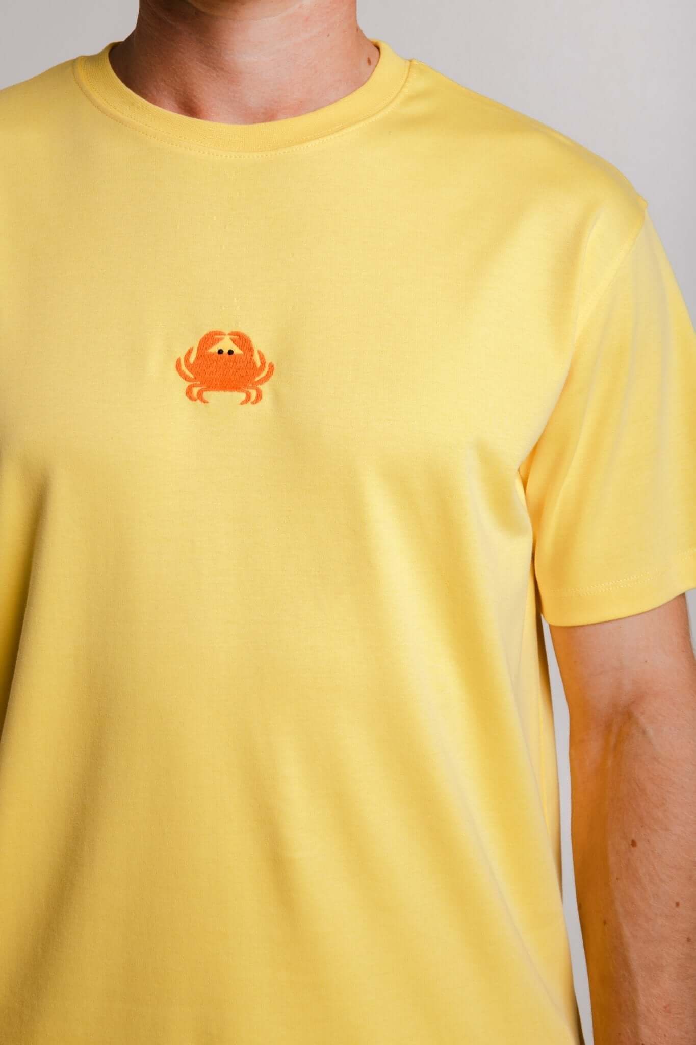 Unisex Yellow Cotton T Shirt with Embroidered Crab