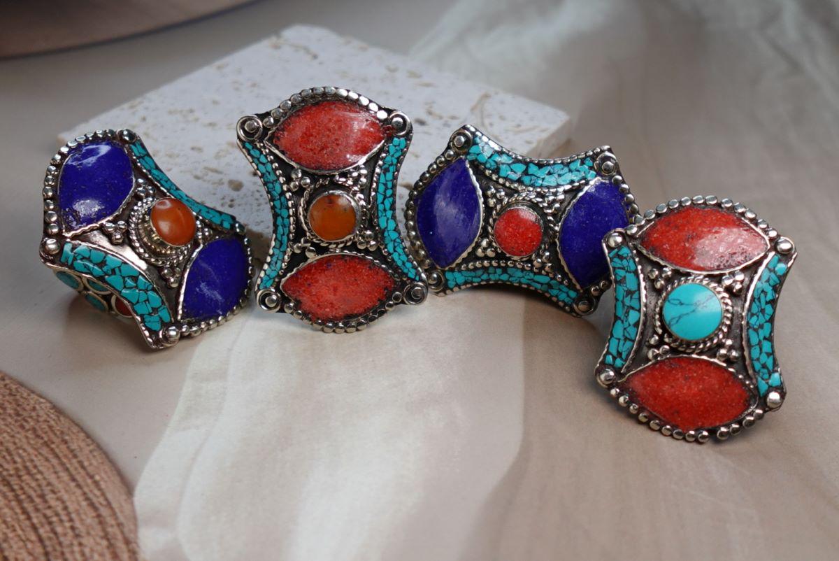 Adjustable Tibetan Silver Ring – Turquoise, Coral & Lapis Inlay