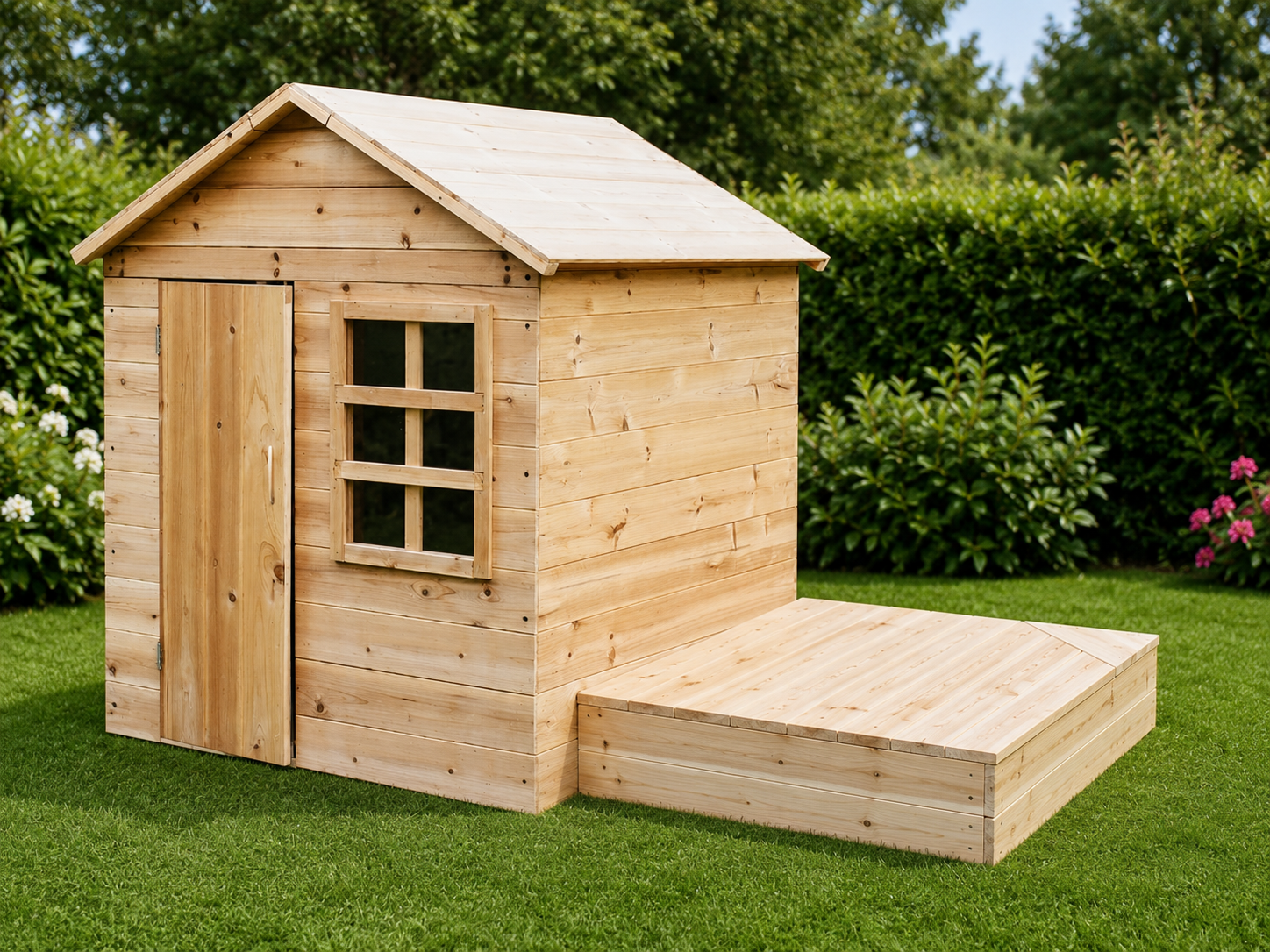 Wooden sandpit with lid - Outdoor stage &amp; playhouse patio