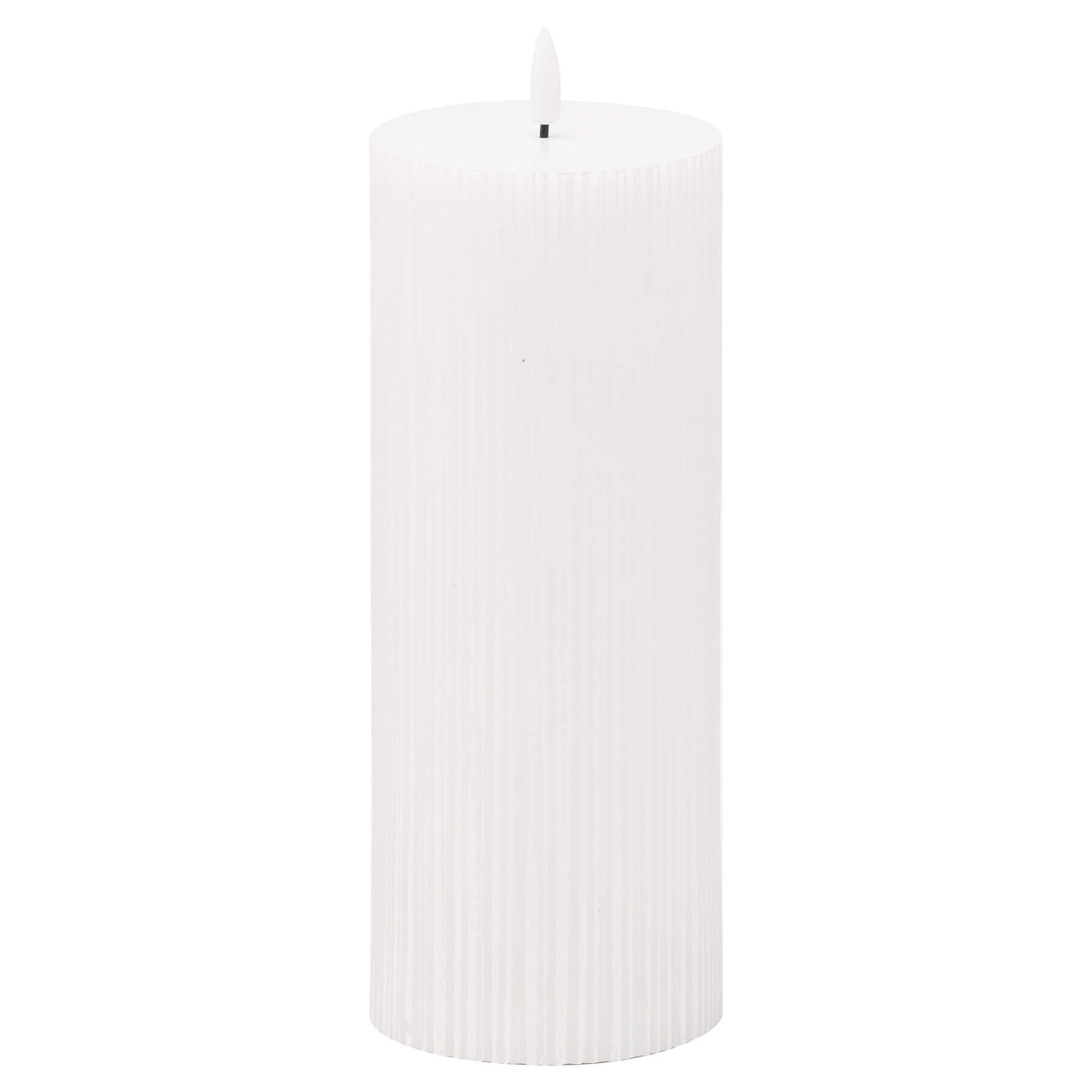 White ribbed LED candle with realistic amber flame, elegant home decor lighting, battery-operated flameless design by Sostter at brixbailey.com