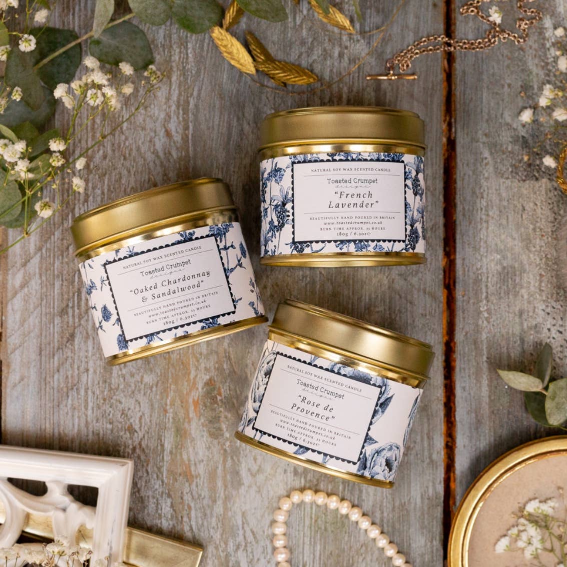 Oaked Chardonnay &amp; Sandalwood Candle in a Matt Gold Tin