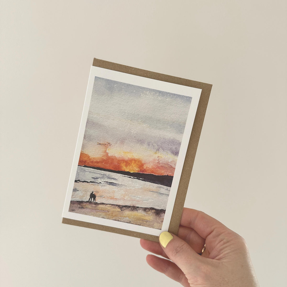Hand-Painted South Milton Sands Beach Sunset Watercolour Greeting Card