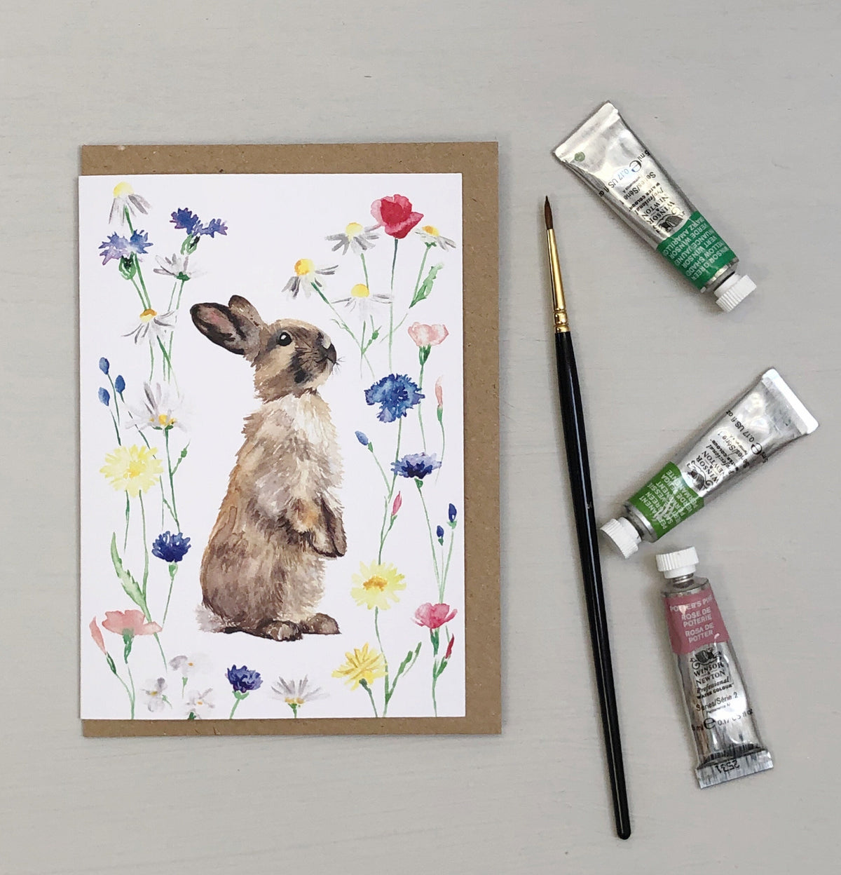 Spring bunny rabbit watercolour greetings card