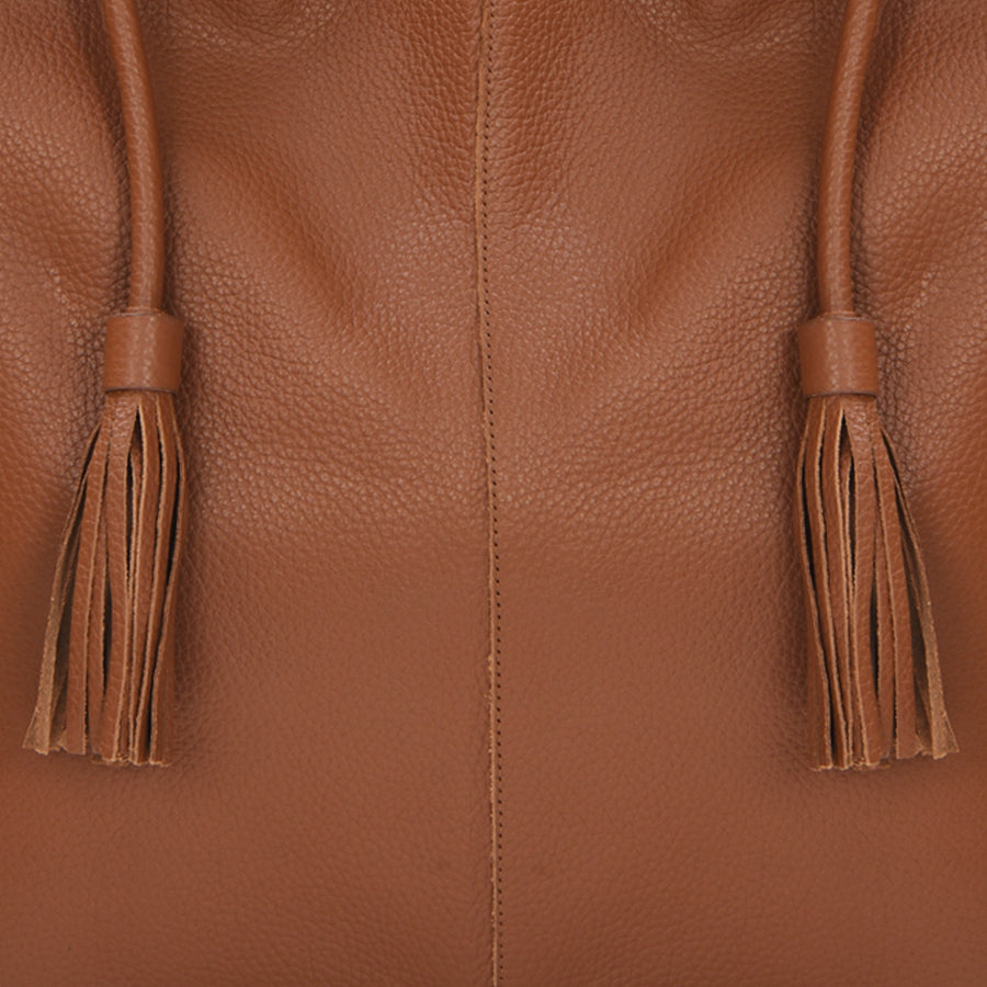Camel Drawcord Leather Hobo Shoulder Bag Ethical Sustainable Camel Tote Brix Bailey