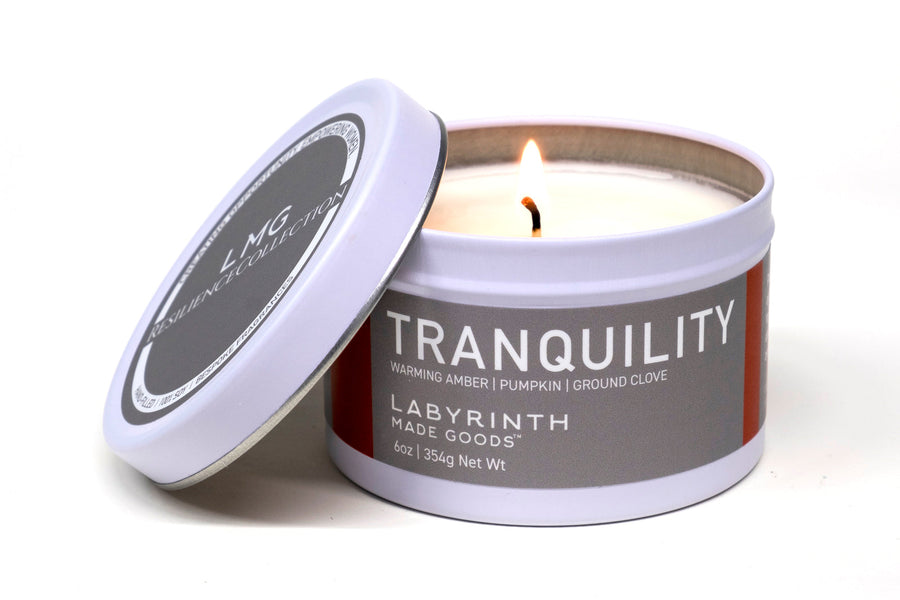Luxury soy candle with warming amber, pumpkin, and ground clove, handcrafted in Illinois, premium fragrance for home tranquility by Labyrinth Made Goods at brixbailey.com