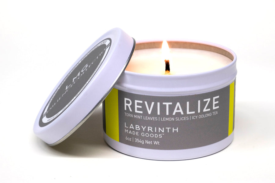 Luxury revitalize soy candle with torn mint leaves, lemon slices, and icy oolong tea scent, handcrafted in Illinois by Labyrinth Made Goods at brixbailey.com