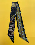 Dark Grey 'Skinny Silk' scarf in the botanical  'Cardiac' Print, delicate, lightweight Twilly style scarf accessory