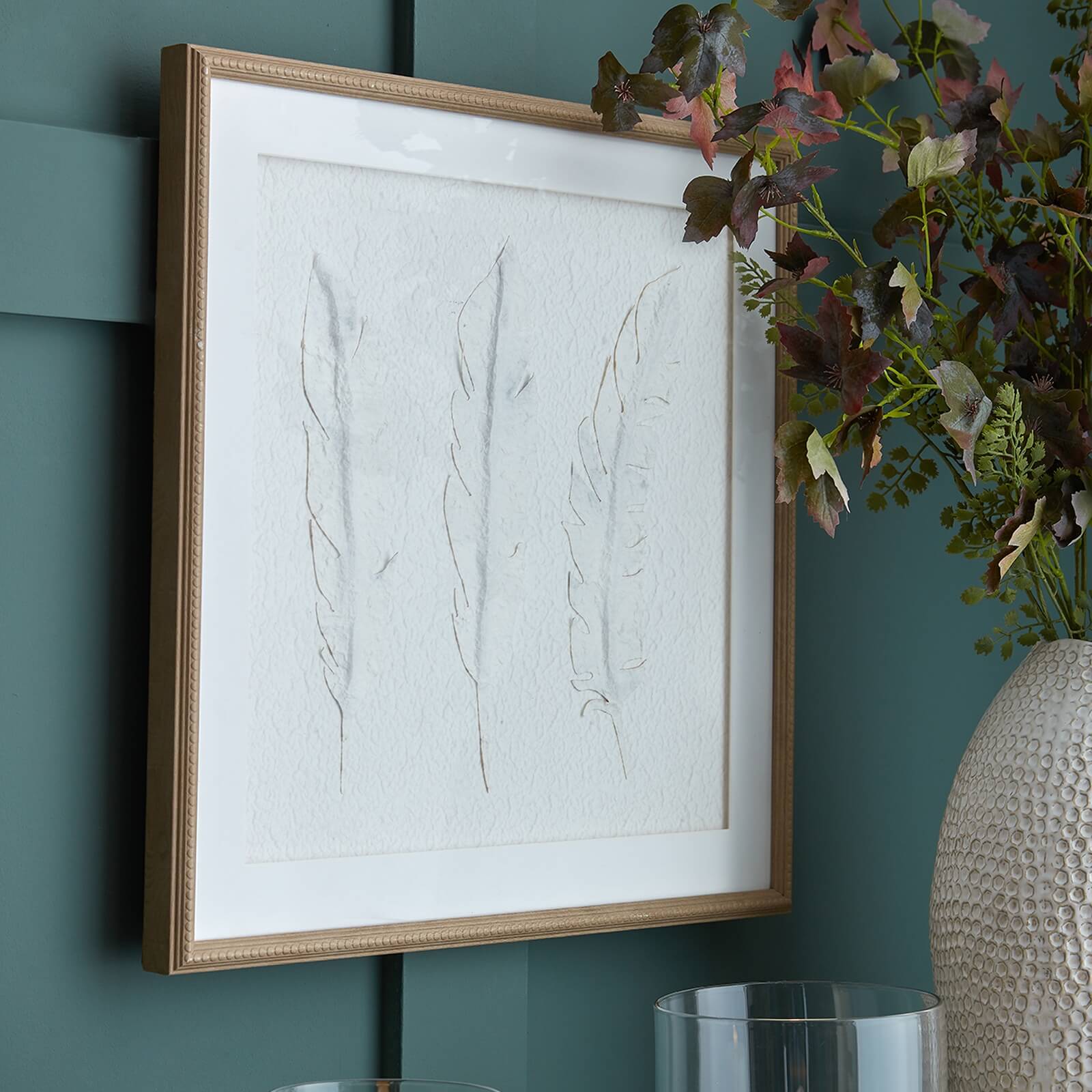 White Feather Wall Art with Champagne Beaded Frame