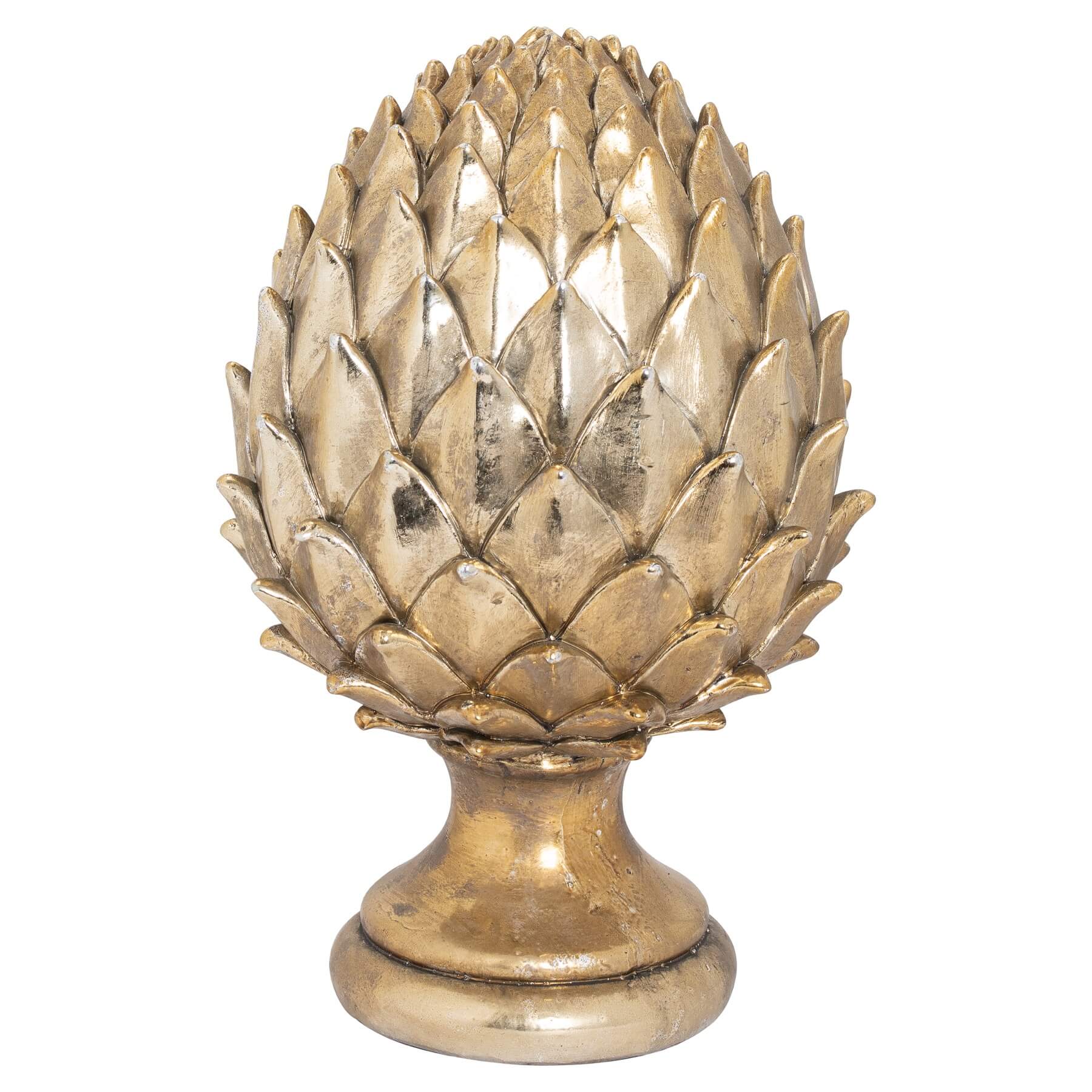 Metallic gold ceramic pinecone finial with intricate layered detailing, 30cm tall, for modern or traditional home decor. by RoomLondon at brixbailey.com
