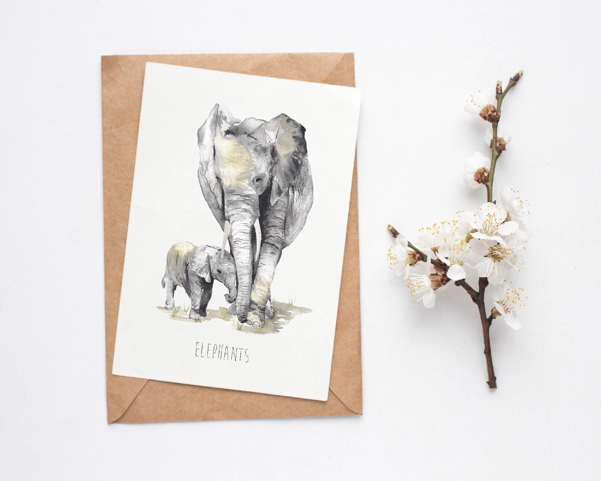 Elephants Hand Painted Greetings Card