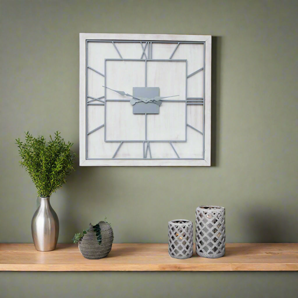 White wooden square wall clock with grey metal Roman numerals and skeleton-style face for modern farmhouse decor by sostter at brixbailey.com