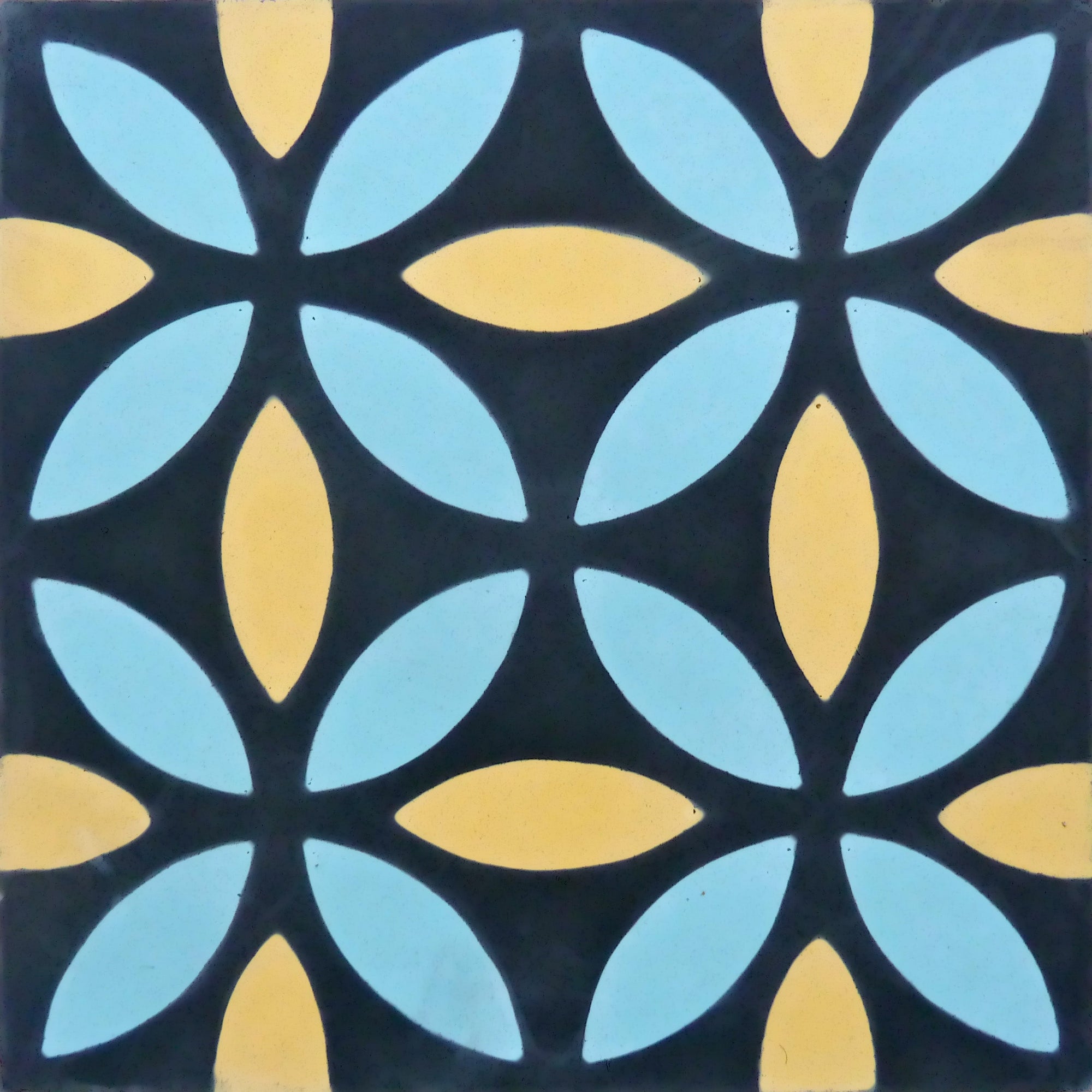 Luxury handcrafted OASIS cement tiles in yellow and blue, premium timeless bathroom and kitchen floor tiles, best-selling stylish design by Maria Starling Design at brixbailey.com