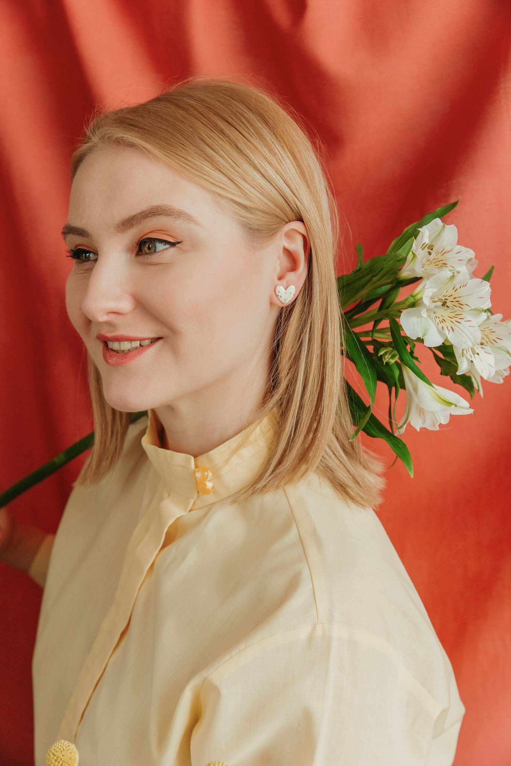 White Porcelain Heart Stud Earrings