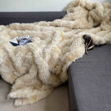 Luxury champagne Tuscan shearling throw rug, ultra-dense fur, premium handcrafted, best-selling stylish home decor by Wildash London at brixbailey.com