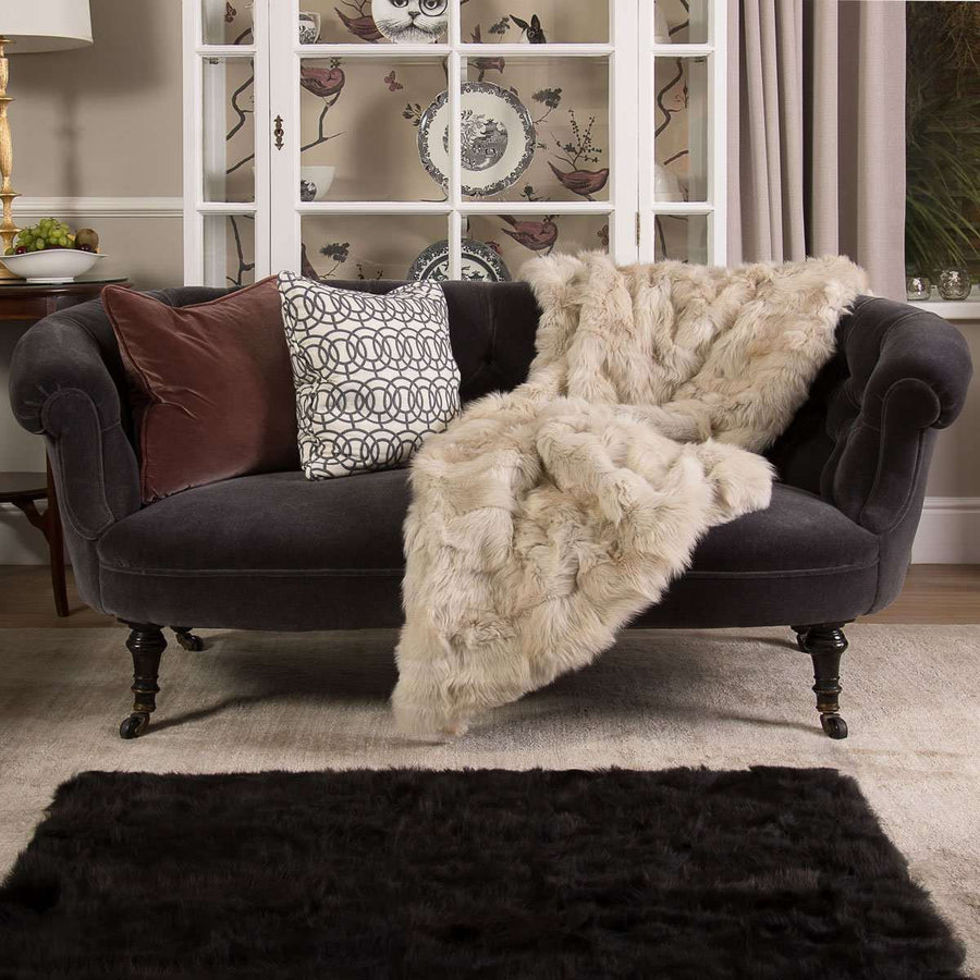Luxury champagne Tuscan shearling throw, premium handcrafted rug, unique natural texture, stylish home decor, best-selling warm throw by Wildash London at brixbailey.com