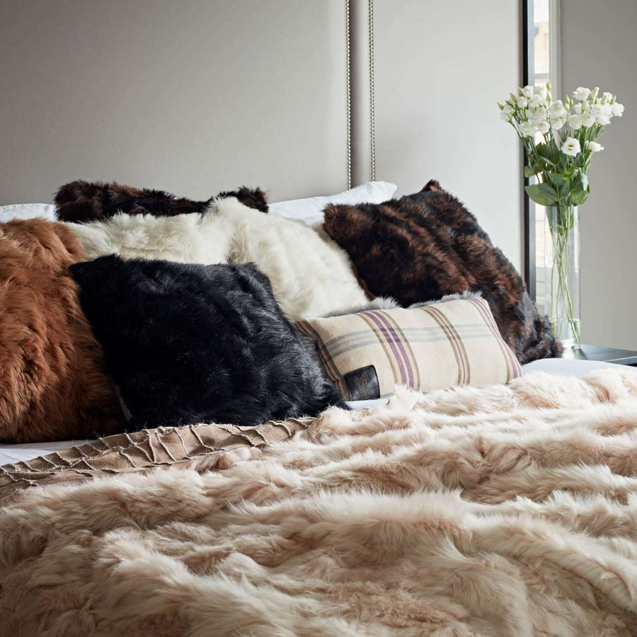 Luxury champagne Tuscan shearling throw rug, premium handcrafted unique piece, stylish bed or sofa decor, best-selling warm textured home accent by Wildash London at brixbailey.com